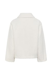 Soft, white, long-sleeve fleece jacket with a wide collar, shown from the back on a plain white background.