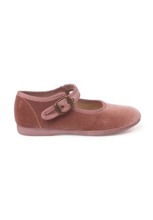 Velvet pink Mary Jane shoe with a rounded toe, flat rubber sole, and a buckle strap across the midfoot for secure fit.