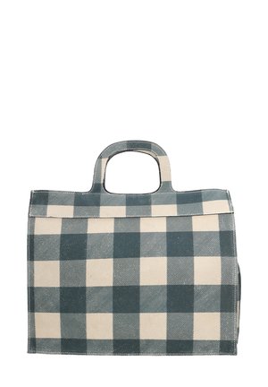 Canvas tas in een groen en beige ruitpatroon, met een rechthoekige vorm, twee handvatten en stevige naden.