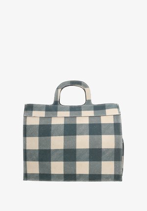 Sac en toile au motif à carreaux vert et beige, de forme rectangulaire, avec deux poignées et des coutures robustes.