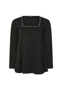 Top nero a maniche lunghe con scollatura quadrata decorata con perline simili a perle attorno al collo. L'orlo svasato aggiunge forma.