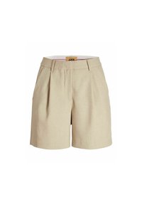 Beige linen shorts with a tailored design, featuring front pleats, side pockets, and a mid-rise waist. Label visible inside.