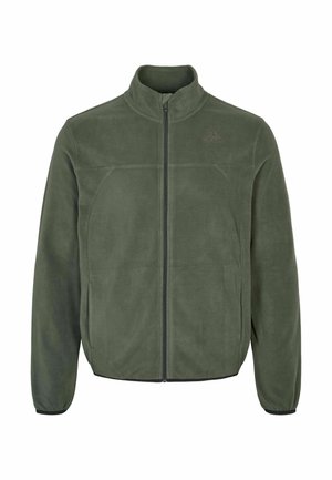 Oliivinvihreä fleecetakki, jossa on kokovetoketju, korkea kaulus, sivutaskut ja hillitty logo vasemmalla rinnalla.