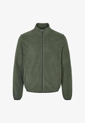 Oliivinvihreä fleecetakki, jossa on kokovetoketju, korkea kaulus, sivutaskut ja hillitty logo vasemmalla rinnalla.