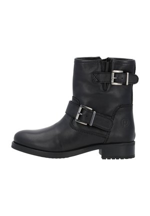Black leather ankle boot with a rounded toe, silver buckle accents, and a low block heel. Features a zip closure and textured surface.