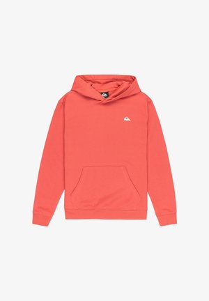 Felpa corallo realizzata in morbido tessuto, con tasca frontale, polsini a coste, cappuccio con coulisse e logo bianco sul petto.