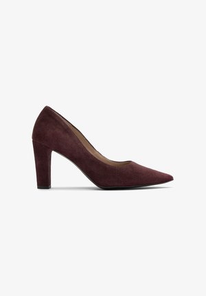 Pantof maroon din suede cu toc înalt, cu vârf ascuțit și toc pătrat. Textură netedă, fără motive sau accente vizibile.