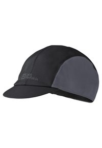 Gorra negra y gris hecha de un tejido ligero, con visera curva, panel de ventilación y un logo en la parte frontal.