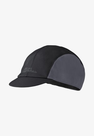 Black and gray cap made of lightweight fabric, featuring a curved visor, ventilation panel, and a logo on the front.