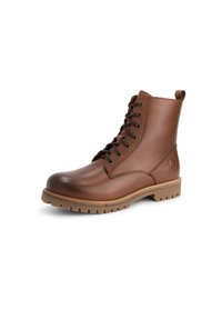 Bruine leren enkelboot met een gladde afwerking, ronde neus, metalen veterogen en bruine veters. Voorzien van een rubberen zool en een trekband.