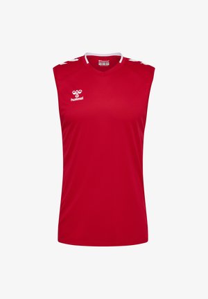Rood mouwloos sportshirt met wit hummel-logo op de borst en witte accenten op de schouders en kraag.