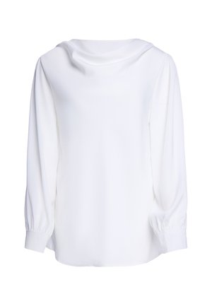 Long-sleeve white blouse with a draped neckline and gathered cuffs on a plain background.