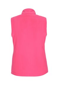 Rosa ärmellose Fleece-Weste mit hohem Kragen. Glatte Textur, keine Muster oder Akzente, bietet ein einfaches und funktionales Design.