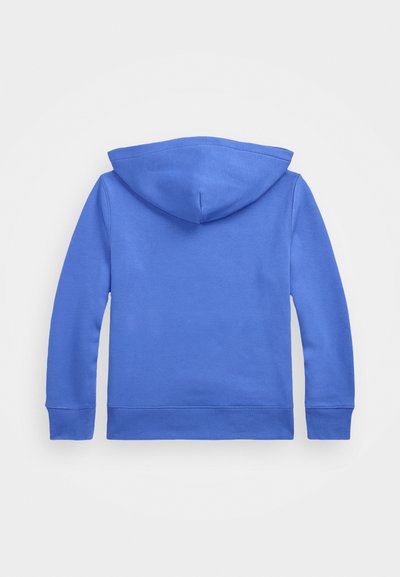 Sweat à capuche bleu avec une poche kangourou, des poignets et un ourlet côtelés. Tissu doux, coutures plates et capuche doublée. Vue arrière sans graphiques ni motifs.