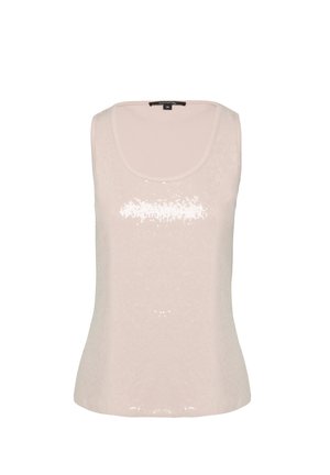 Jasnoróżowa bezrękawnik z okrągłym dekoltem, zdobiona wzorem cekinów z przodu oraz dopasowanym fasonem. Teksturowana tkanina.