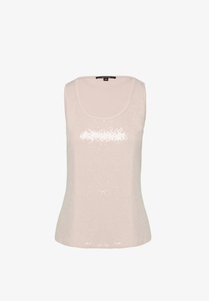 Jasnoróżowa bezrękawnik z okrągłym dekoltem, zdobiona wzorem cekinów z przodu oraz dopasowanym fasonem. Teksturowana tkanina.