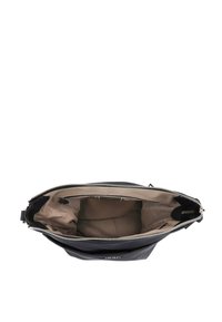 Borsa nera in pelle con una superficie liscia, dotata di chiusura a zip, fodera interna beige e una tasca interna per l'organizzazione.