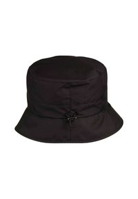 Cappello a secchiello nero realizzato in tessuto morbido. Presenta una parte superiore arrotondata e un'ampia visiera leggermente flessibile, con un cordino per una vestibilità regolabile.
