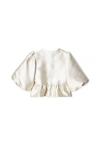 Weiße Satinbluse mit gepufften Ärmeln und einem gerafften Saum. Glatte Textur mit Rundhalsausschnitt und Raffungselementen an den Ärmeln.