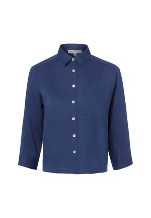 Navyblauw hemd met knopen, kraag, lange mouwen die net onder de ellebogen eindigen en een borstzak aan de linkerkant.