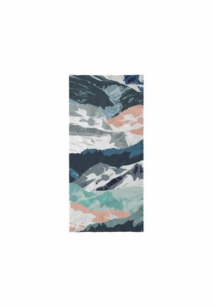 Braga de cuello multicolor con patrones abstractos de montañas en tonos azul, turquesa, melocotón y blanco, con un pequeño logotipo "Buff" cerca de la parte superior.