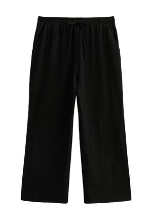 Pantaloni neri a gamba larga con vita elastica, coulisse e tasche laterali, realizzati in tessuto strutturato.
