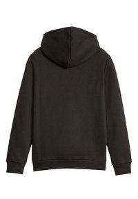 Felpa nera con cappuccio, caratterizzata da una texture liscia, con maniche lunghe e orlo a costine. Il retro è semplice, senza loghi o dettagli visibili.