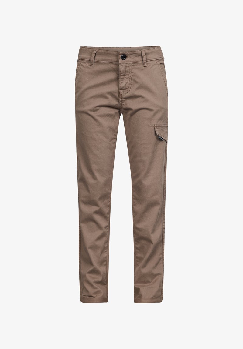 Pantaloni cargo in cotone marrone con vestibilità dritta, dotati di tasca laterale, passanti per cintura e una tasca con zip per riporre gli oggetti.