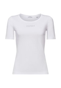 T-shirt blanc ajusté à manches courtes avec col rond et texte "ESPRIT" en petits strass centré sur la poitrine.