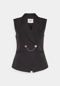 Svart ärmlös blazer med skräddarsydd design, som har en guldkedja och cirkulära detaljer, samt två framfickor.