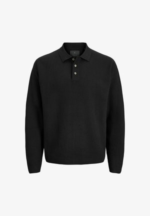 Zwart poloshirt met lange mouwen, drie knopen en een kraag, weergegeven tegen een witte achtergrond.