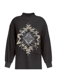 Svart sweatshirt med hög krage, med ett geometriskt mönster i beige och silver, samt elastiska ärmslut. Försedd med varumärkeslogotyp.
