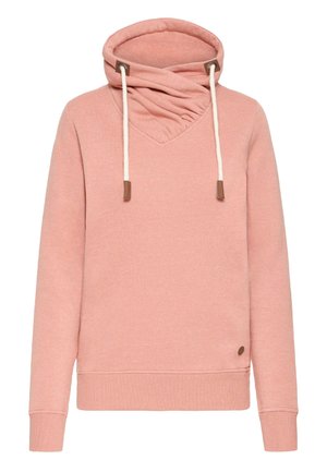 Sudadera rosa con capucha y diseño de cuello en V, que presenta tela texturizada, cordones ajustables y un detalle de logotipo en la parte inferior lateral.