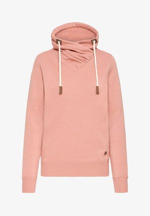 Roza jopa s kapuco in V-izrezom, izdelana iz teksturirane tkanine, z vrvicami in logotipom na spodnji strani.