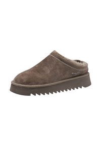 Brune semsket slip-on-sko med en tykk, taggete såle og myk fôring, med kontrasterende søm langs øvre kant.