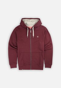 Sweat à capuche zippé bordeaux avec une doublure intérieure de couleur claire contrastante, un cordon de serrage et des poches avant. Possède un petit logo sur la poitrine.