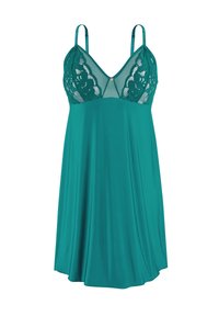 Teal nightgown with lace cups, V-neckline, thin adjustable straps, and a flowing fabric design, featuring a smooth finish and no patterns.