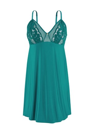 Camisol teal con copas de encaje, escote en V, tirantes delgados ajustables y un diseño de tela fluida, con un acabado suave y sin patrones.