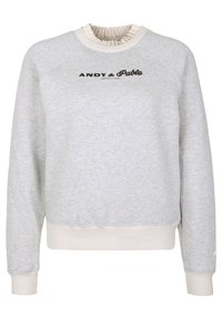 Sudadera gris claro con cuello acanalado, mangas raglán y dobladillo elástico. Logo negro "ANDY & Pablo" en la parte frontal. Tejido suave de mezcla de algodón.
