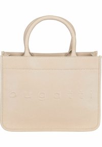 Beige leren tote bag met twee ronde handvatten, geperst merkteken aan de voorkant, platte rechthoekige vorm en minimale stikdetails.