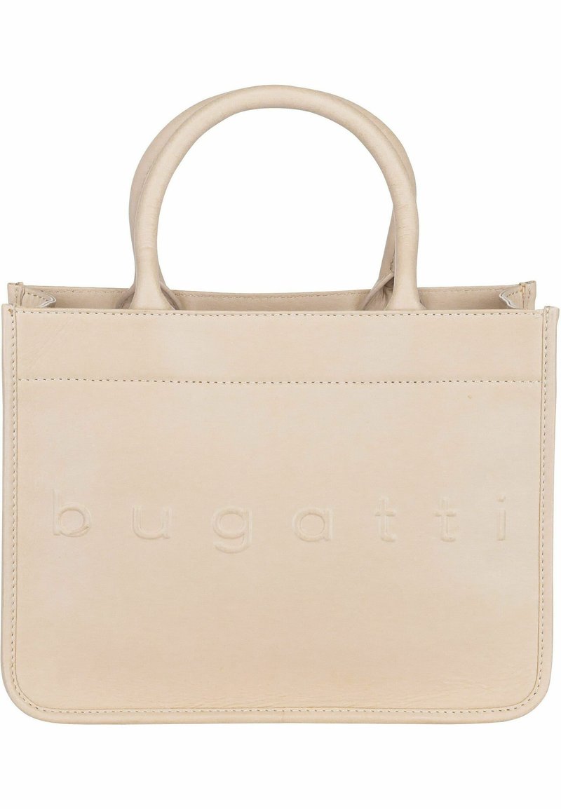 Beige leren tote bag met twee ronde handvatten, geperst merkteken aan de voorkant, platte rechthoekige vorm en minimale stikdetails.