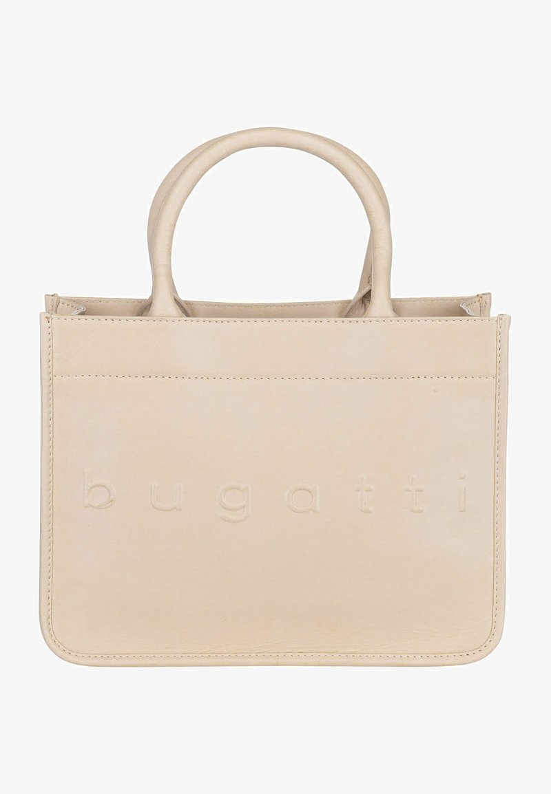 Beige leren tote bag met twee ronde handvatten, geperst merkteken aan de voorkant, platte rechthoekige vorm en minimale stikdetails.