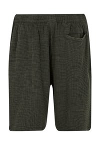 Shorts légers vert foncé en tissu texturé. Ils comportent une taille élastique et une poche latérale unique. La finition est soignée.