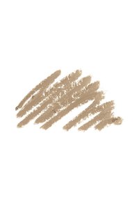 Beige Farbcreme-Stiftabstrich mit rauer Textur und variabler Strichbreite, vor einem schlichten weißen Hintergrund.