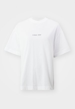 T-shirt en coton blanc avec une coupe décontractée, des manches courtes, un col rond et un petit logo "Carhartt, WIP" en noir sur le devant.