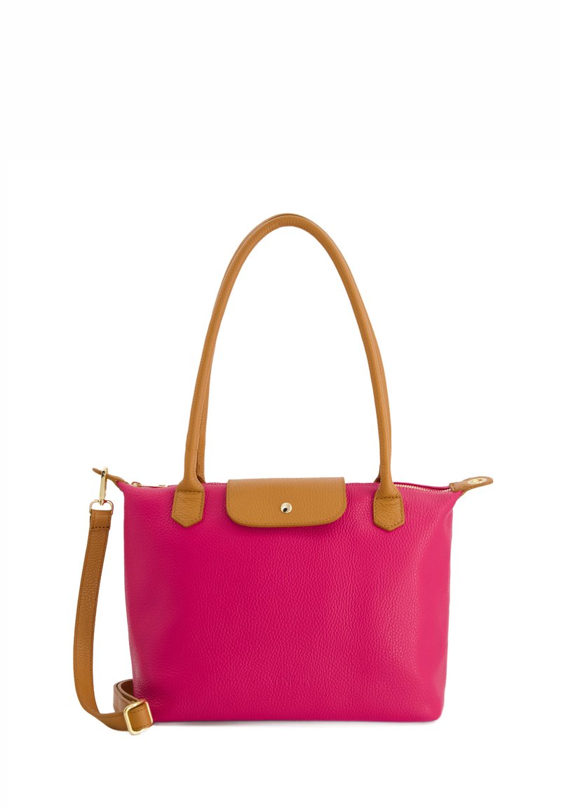 Pink leather tote bag with a smooth texture, tan leather accents, dual handles, and a detachable strap. Features a snap closure and gold hardware.