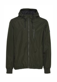Hooded jacket in dark green, made of lightweight fabric. Features elastic cuffs, a zippered chest pocket, and drawstring hem for adjustability.