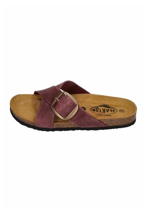 Brown cork sole slide sandal with wide maroon suede straps crossing over foot and a large adjustable brass buckle on top.