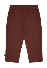 Pantaloni marroni con una trama testurizzata a nido d'ape, dotati di una vita elasticizzata e di un piccolo etichetta multicolore sull'orlo.