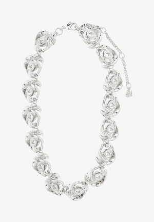 Zilveren ketting met gekoppelde abstracte rozenvormige metalen stukjes en een verstelbare schakelsluiting.